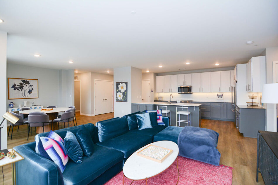 Living room with kitchen in background.
