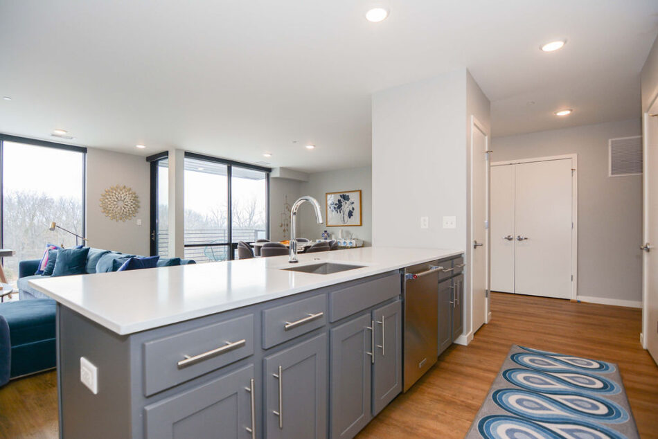 Kitchen with sink in free-standing counter.