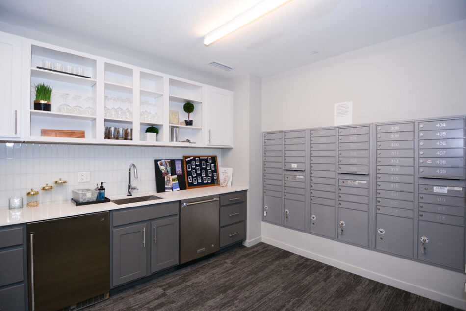 Condo community area with locked mailboxes.