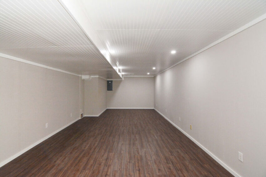 Large basement walls with LVP flooring and light gray walls.