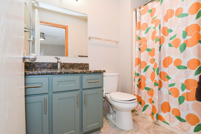 Bathroom with teal cabinet and shower with curtain.