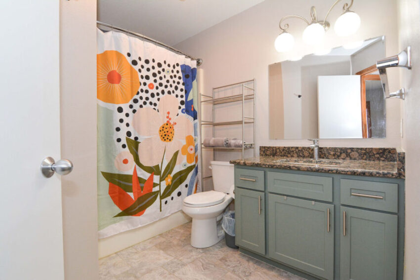 Bathroom with teal cabinets, shower curtains, and lighting above mirror.