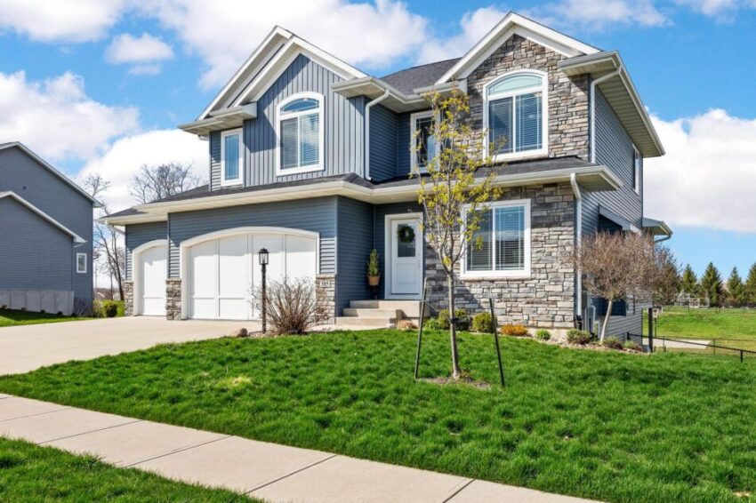 Two-story home with stone accents located in North Liberty, Iowa.