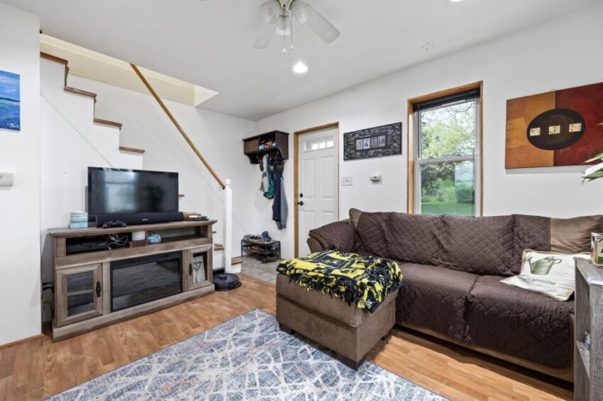 Living room with warm-toned floors and rug.