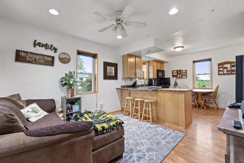Living room with kitchen in background.