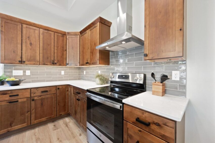 Kitchen with beautiful wooden cabinets.