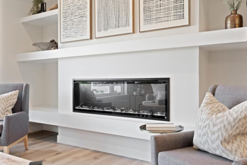 Long electric fireplace built into living room.