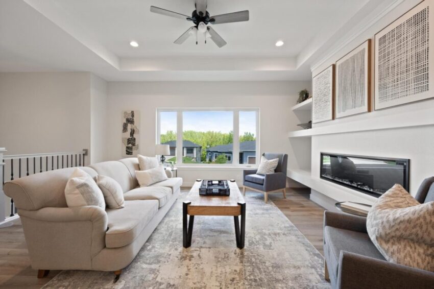 Living room with LVP flooring and view.