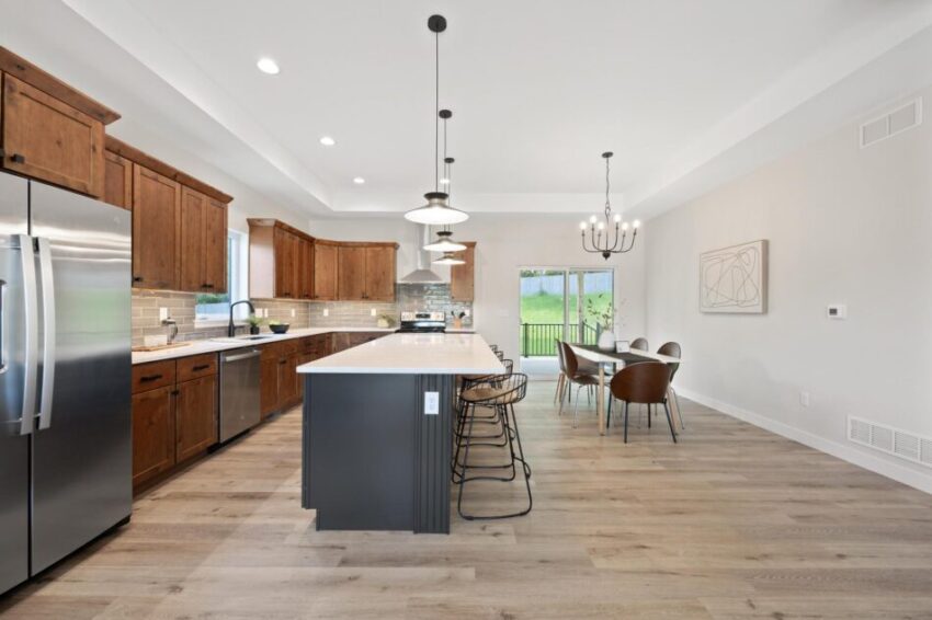 Spacious kitchen with island and extra seating.
