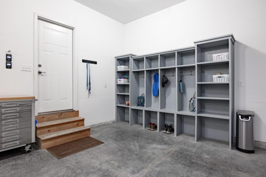Built-in shelving area in garage.