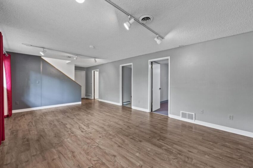 Finished lower level with vinyl floors, track lighting, and light gray walls.