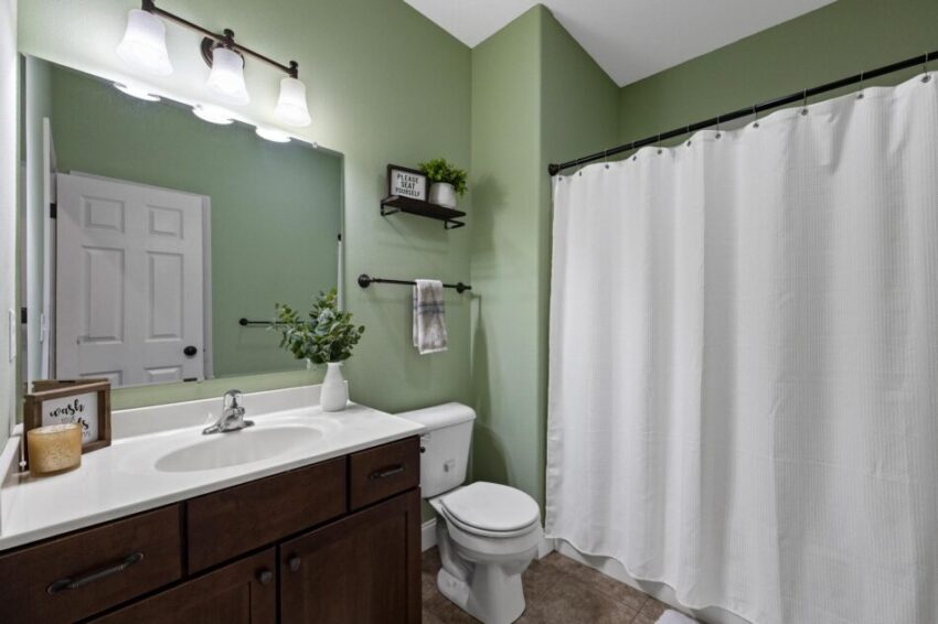 Second bathroom, with green walls, shower curtain, and dark cabinet.