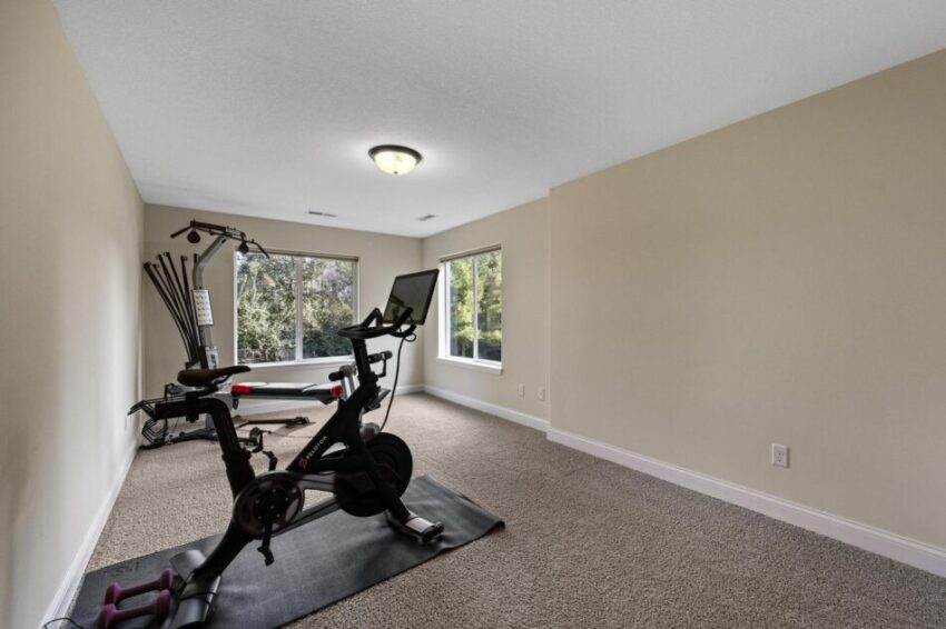 Lower level with two windows overlooking the yard.