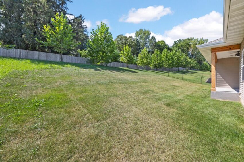 Large grassy yard with distant fence.