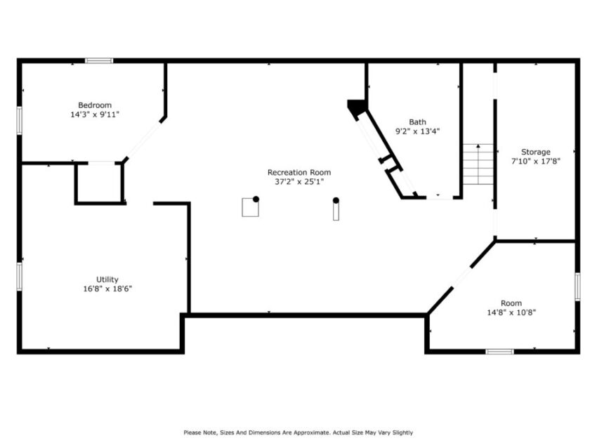 Floor plan with bedroom, recreation room, bath, storage, utility, and additional room.