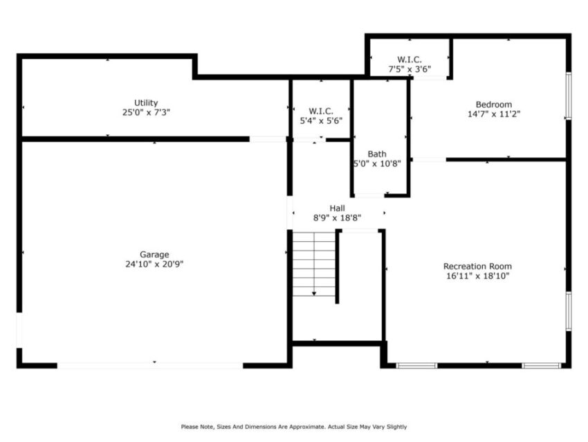 Floor plan with garage, utility, recreation room, bedroom, bath, and closets.