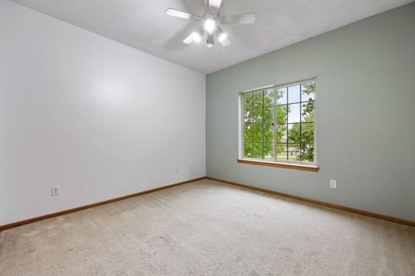Bedroom with carpet, green accent wall, and large window.