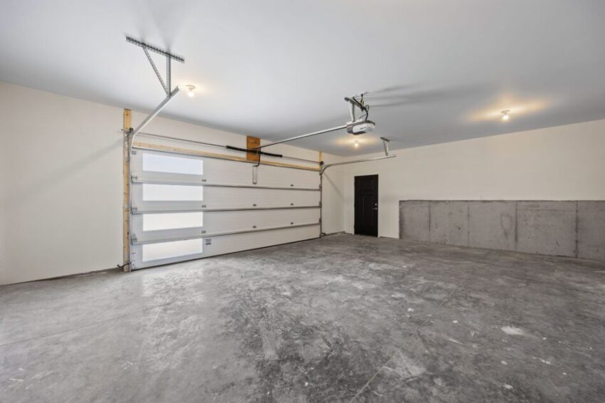 Empty garage with concrete floor and closed overhead door.