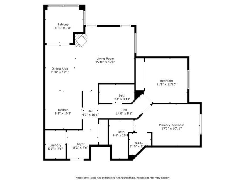 Floor plan of a two-bedroom apartment with labeled rooms and dimensions.