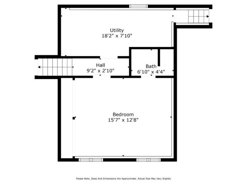 Floor plan with utility, hall, bath, and bedroom dimensions.