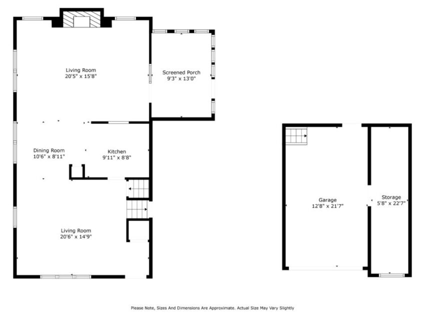 Floor plan with living room, dining room, kitchen, porch, garage, and storage.