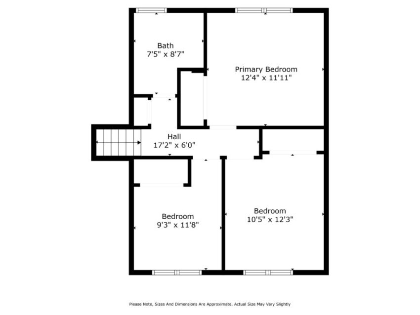 Floor plan with three bedrooms, one bath, and a hall.