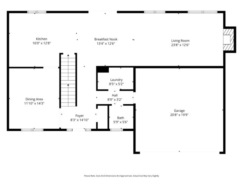 Floor plan showing kitchen, living room, dining area, garage, and other rooms.