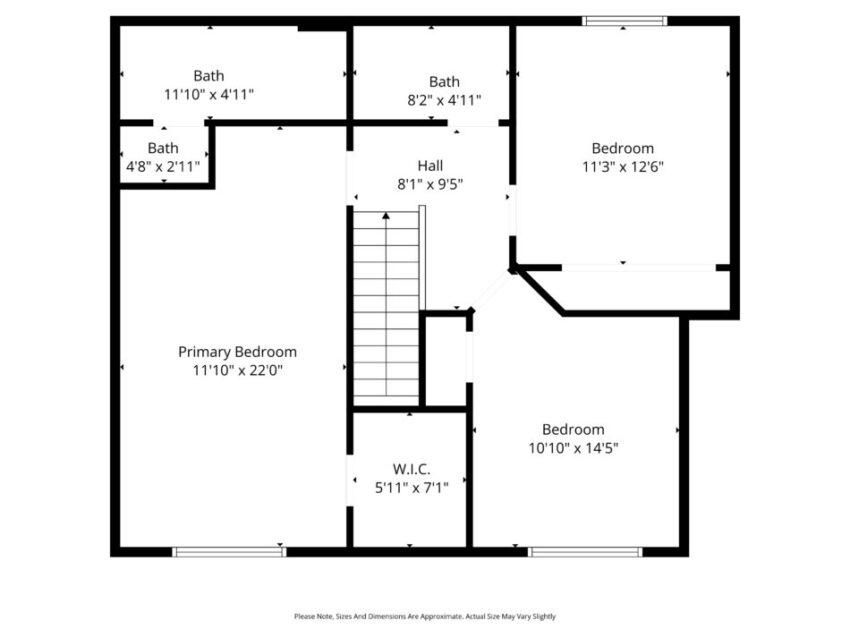 Floor plan showing three bedrooms, three bathrooms, hall, and walk-in closet.